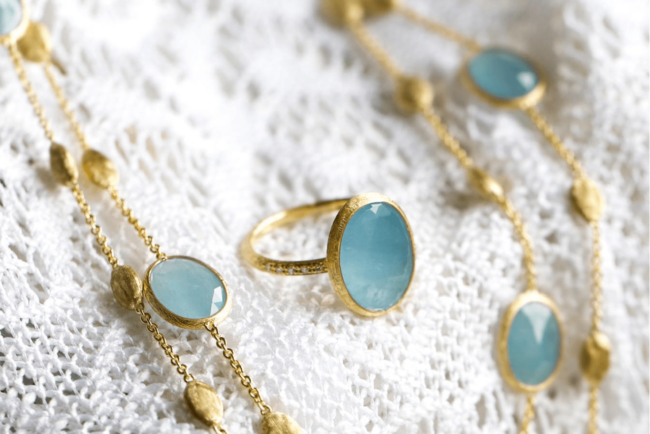 Marco Bicego gemstone rings and bezel set station necklaces will make wonderful accessories this fall.