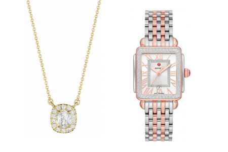 A stunning Henri Daussi diamond necklace and a two-tone deco watch from Michele, available at BENARI JEWELERS.