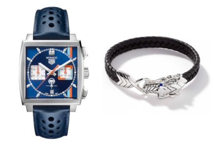 A stylish TAG Heuer Monaco watch and a John Hardy Naga bracelet, available at BENARI JEWELERS.