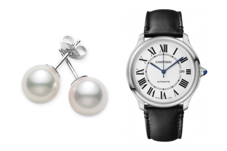 A pair of simple yet elegant Mikimoto pearl earrings and a Ronde de Cartier watch, available at BENARI JEWELERS.