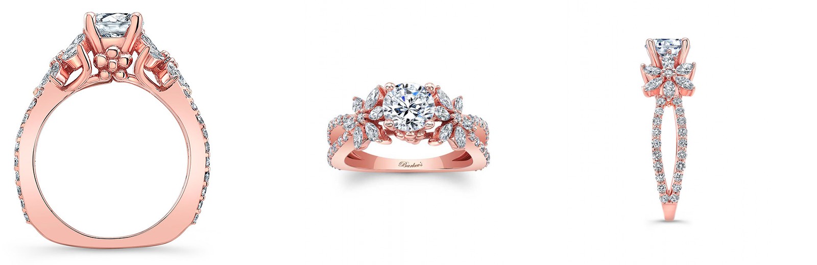Three views of a rose gold Barkev&rsquo;s engagement ring, available at BENARI JEWELERS.
