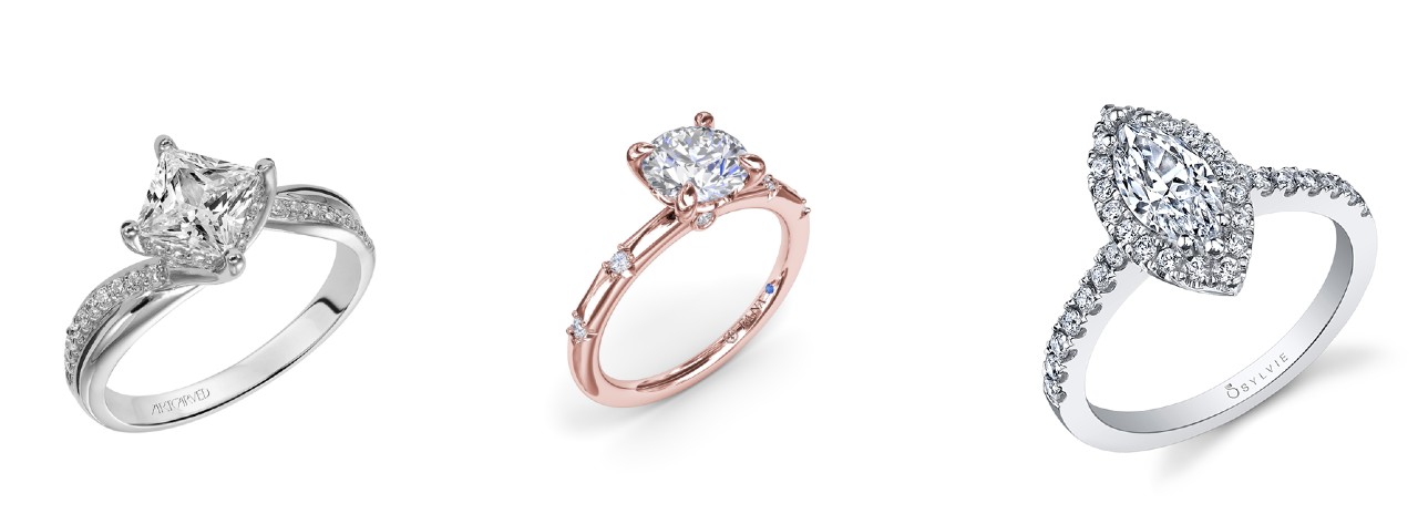 engagement rings from left to right: ArtCarved, Fana, and Sylvie