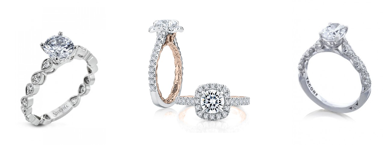 engagement rings from left to right: Simon G., A.JAFFE, and TACORI